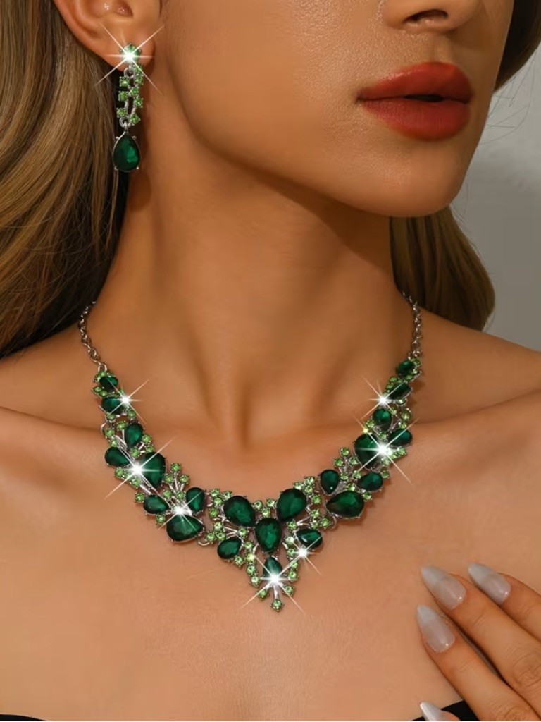 Elegant Green Crystal Statement Necklace And Earring Set - Women Jewelry